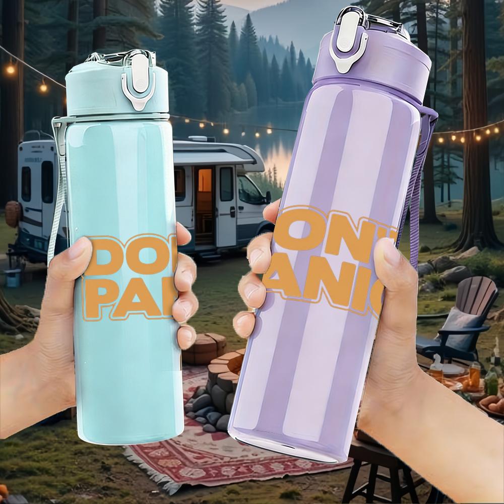 1PC Don't panic orange solid text print 750ml colorful plastic sports water bottle leakproof pop up lid with straw for outdoor work home use