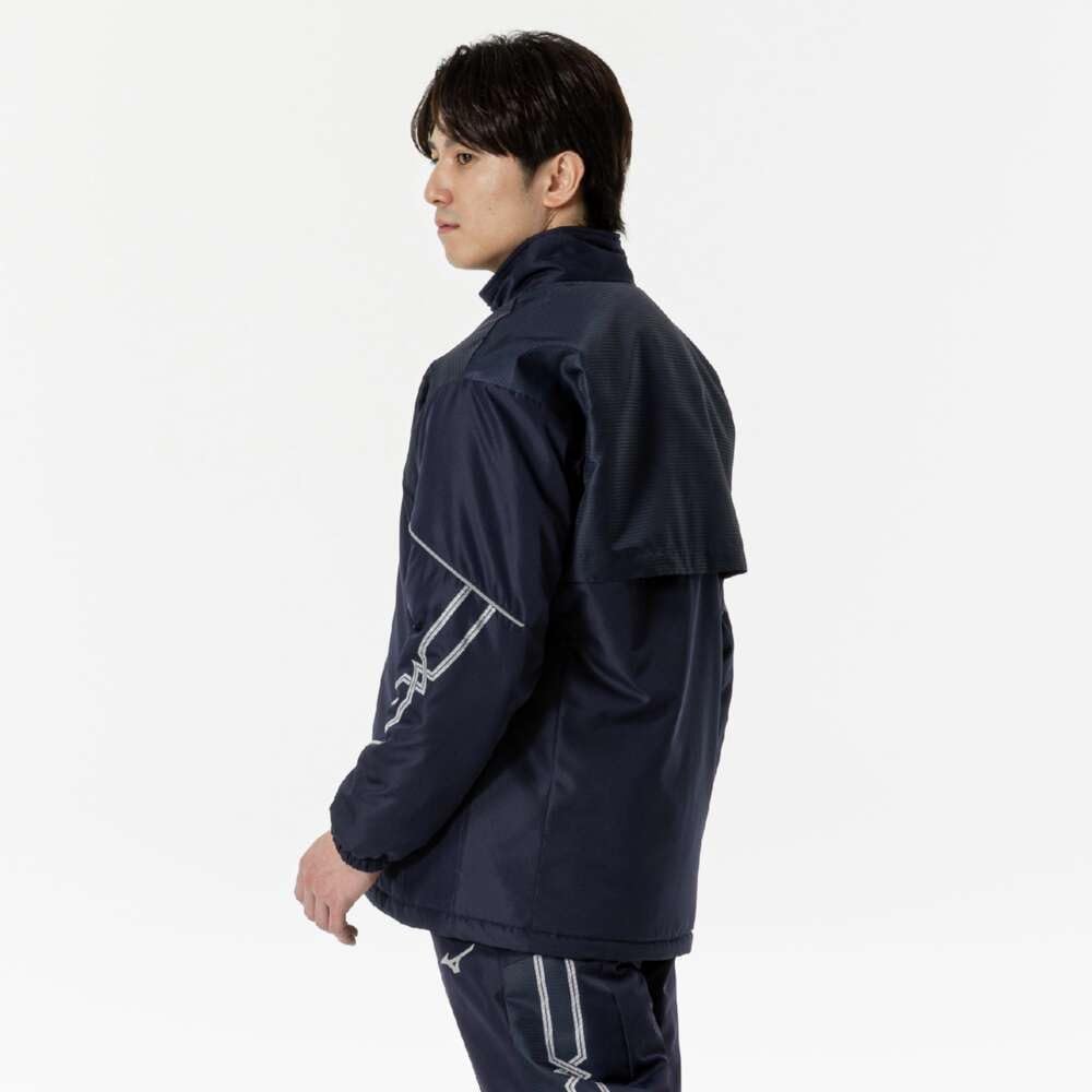 Mizuno Breath Thermo Training Warmer Jacket with and Windproof Deep Navy and Silver MC-LINE Wear, Moisture-Wicking, Heat-Generating, Water-Repellent,