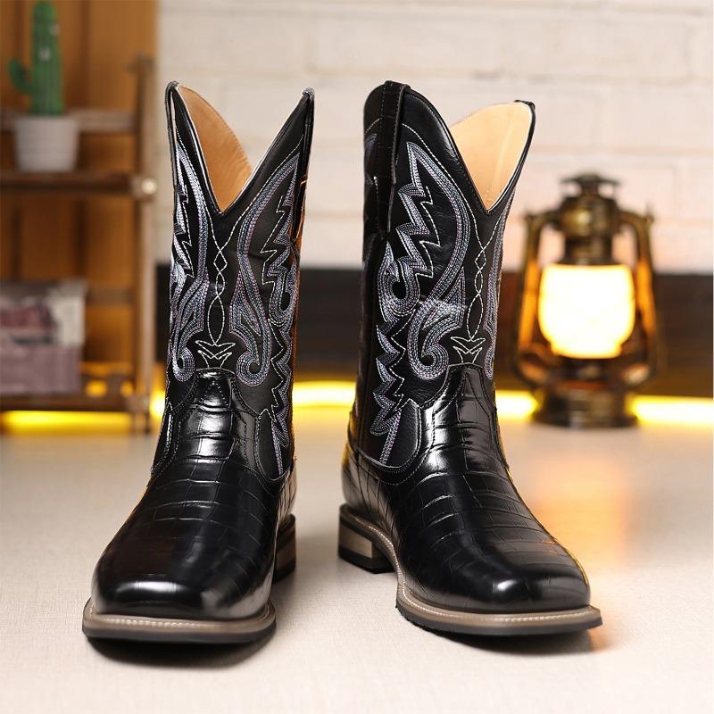 Luxury Handmade Embroidery Mens Boots Retro Western Cowboy Boots Outdoor Knight Boots for Men Mid-calf Leather Boot Botas Hombre