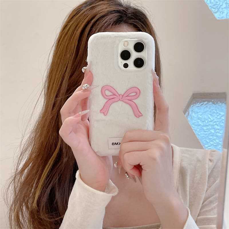 Autumn and winter plush for Apple 17 mobile phone case iPhone16promax bow 15 cute 14 protective case 13