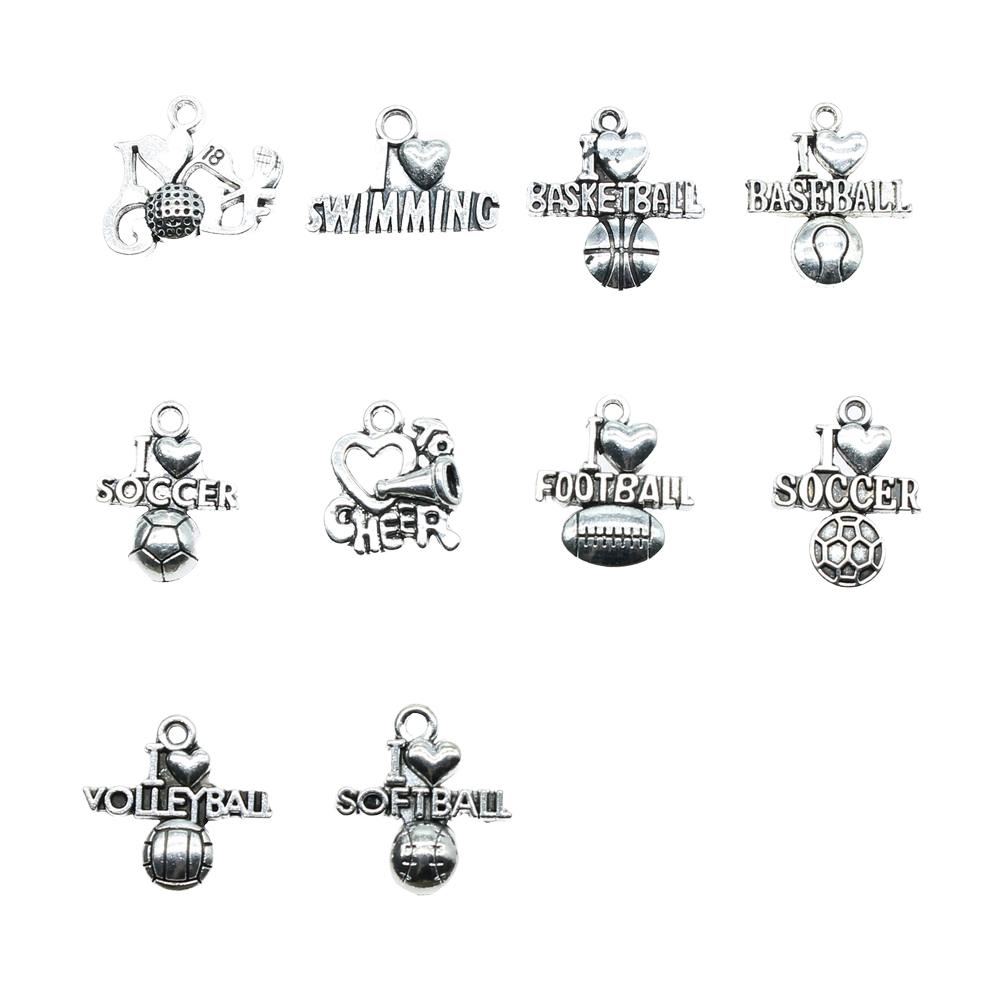 20pcs Charms I Love Sports Antique Silver Color Sport Charm Golf Basketball Baseball Football Volleyball Softball Gym Cheer