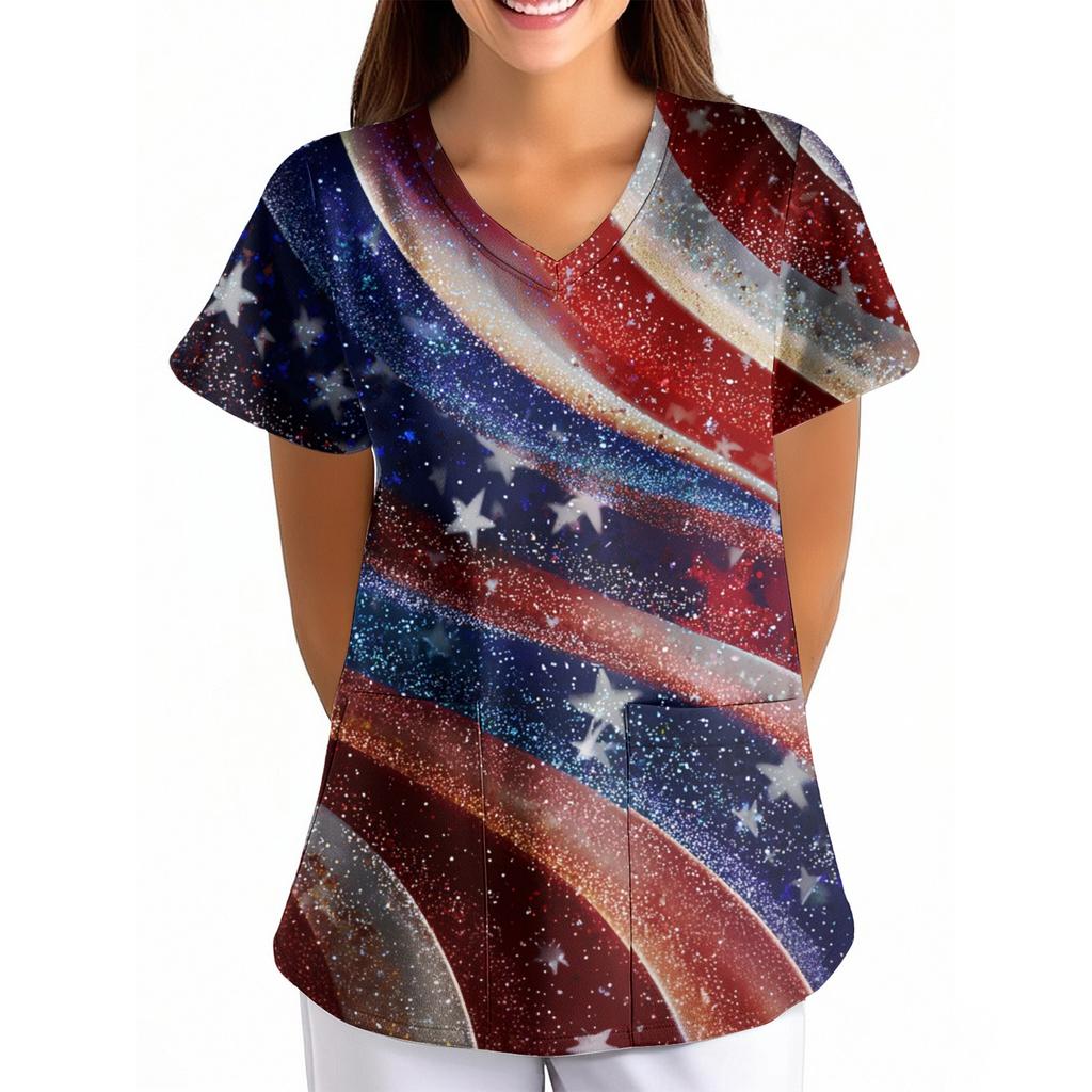 Women's Independence Day Printed Loose V-Neck Pocket Short-Sleeve Caregiver/Uniform