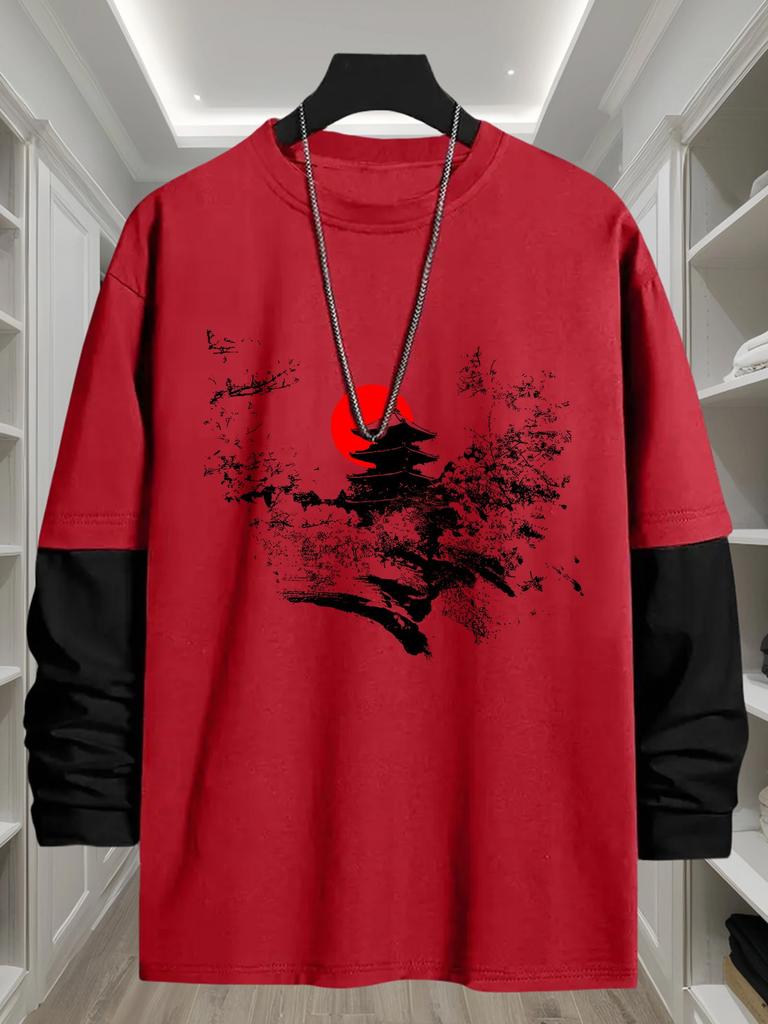 Men's Faux Layered Long Sleeve T-Shirt, Sweat Wicking Quick Dry Tops, Regular Fit for Bowling Night Outdoor Game Errands Party Wear