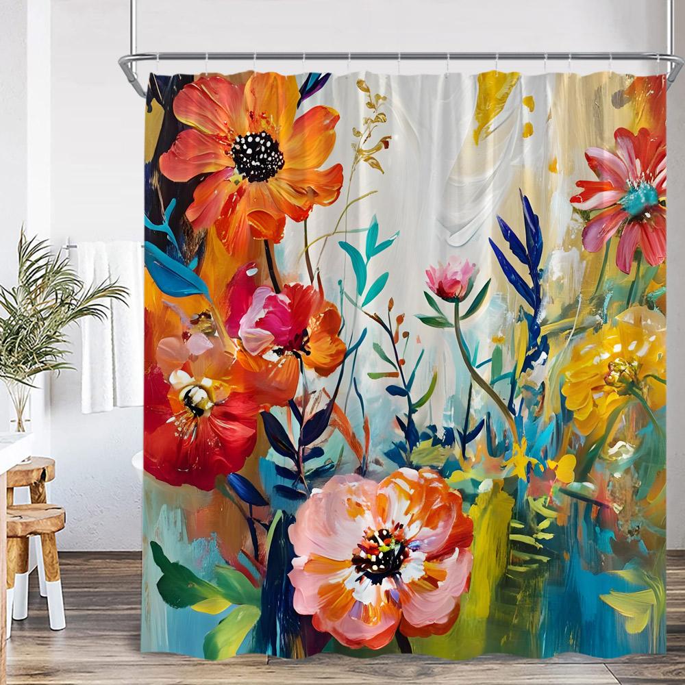 Colorful Boho Floral Shower Curtain Oil Painting Flowers Green Leaf Plant Spring Bathroom Decor Retro Polyester Bathtub Curtain