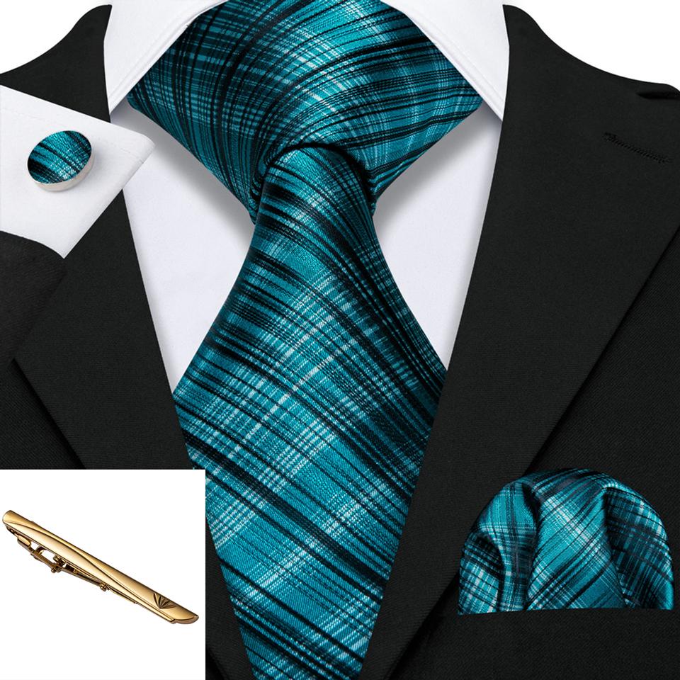 Barry.Wang Men Plaid Check Ties with Tie Bar Silk Necktie Hanky Cufflinks Gold Tie Clip Set