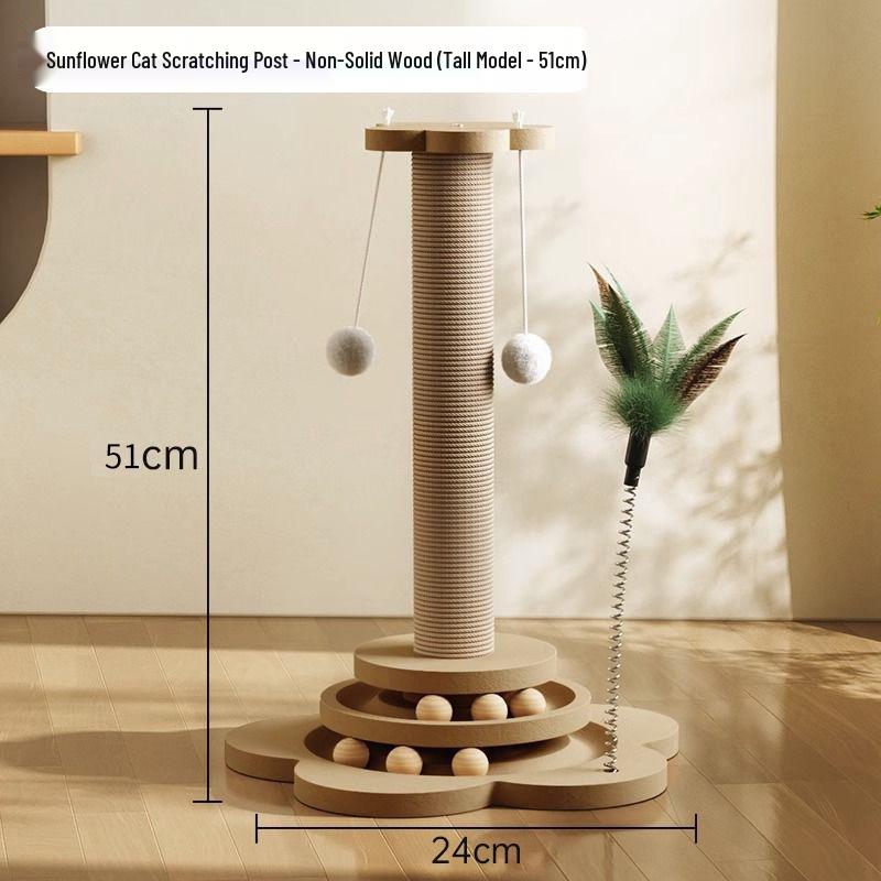 Vertical Wear-Resistant Sisal Rope Cat Scratching Post with Turntable and Teaser Toys