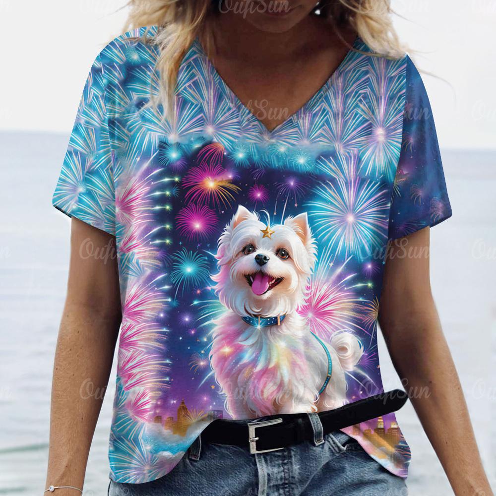 

Большие женские футболки с коротким рукавом, принты животных, топы, милые футболки с V-образным вырезом, летняя женская футболка, новинка 2024 года в уличном стиле XL