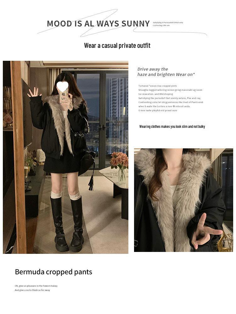 American Retro Fur Collar Hooded Short Workwear Jacket for Women - Thickened Plush for Autumn & Winter