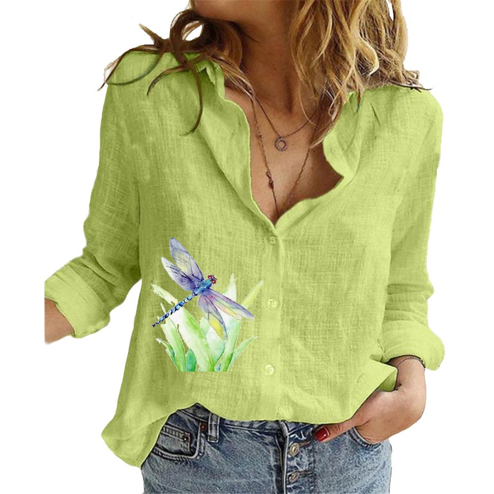 Dame Mote Bomull Lin Skjorte Sommer&høst Langermet Topp Damer Trykte Bluser
