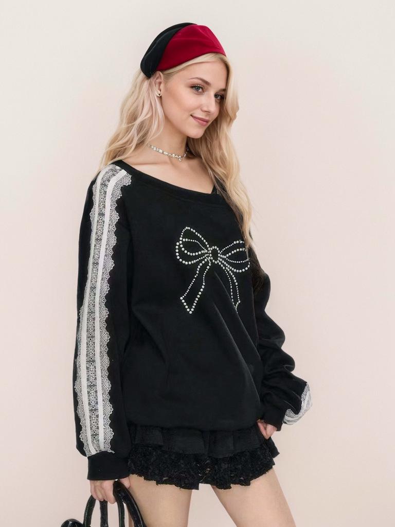 Autumn 2024 Sweet Lace Butterfly Print Round Neck Hoodie