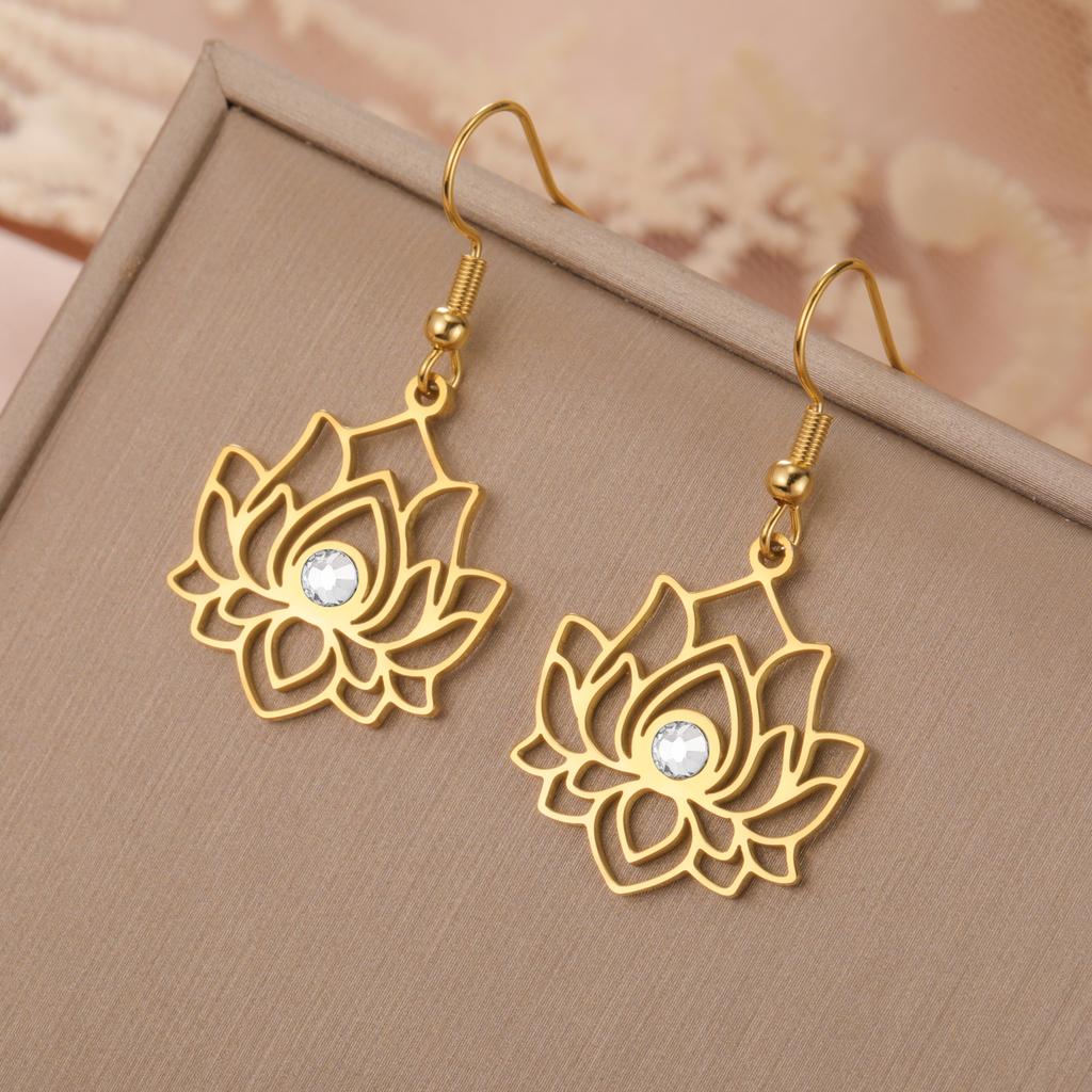 Teamer Buddhist Lotus Flower Women's Earrings Stainless Steel with Clear Zircon Dangle Earrings Yoga Amulet Vintage Jewelry