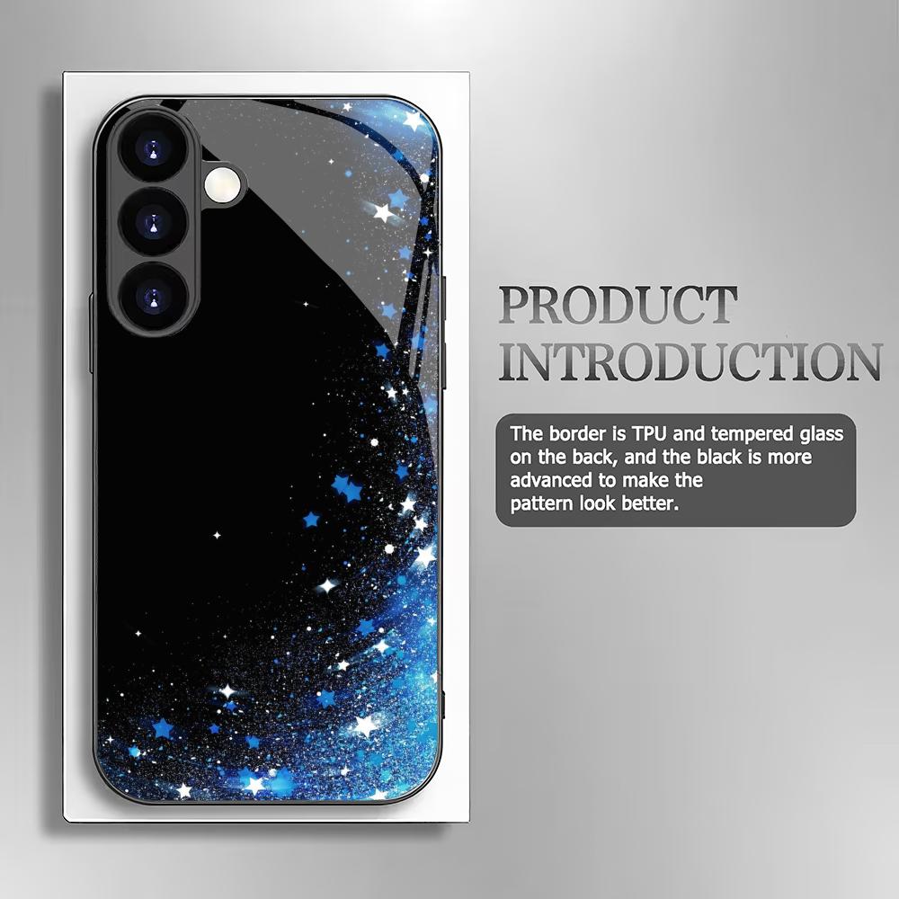Custodia in vetro temperato con stella blu per telefono adatta per Samsung Galaxy S26 S25 S24 S23 S22 S20 FE/Ultra/Plus cover posteriore anti caduta