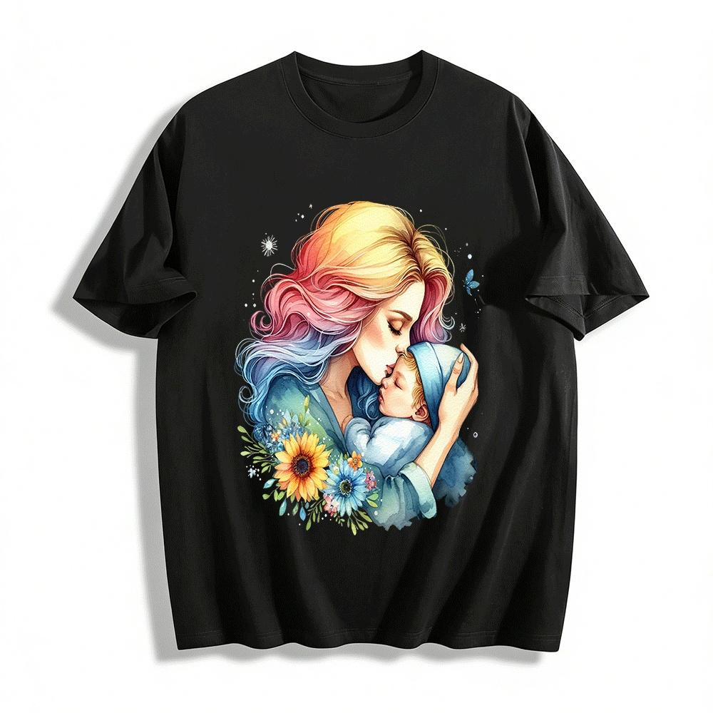 

Watercolor Mom Kiss Baby Sunflower Print Family Matching T-Shirt Pure cotton T-shirt XXS