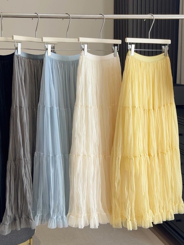 Pure Color Mesh Panel Long Skirt With Pleats For Casual Womens Fashion
