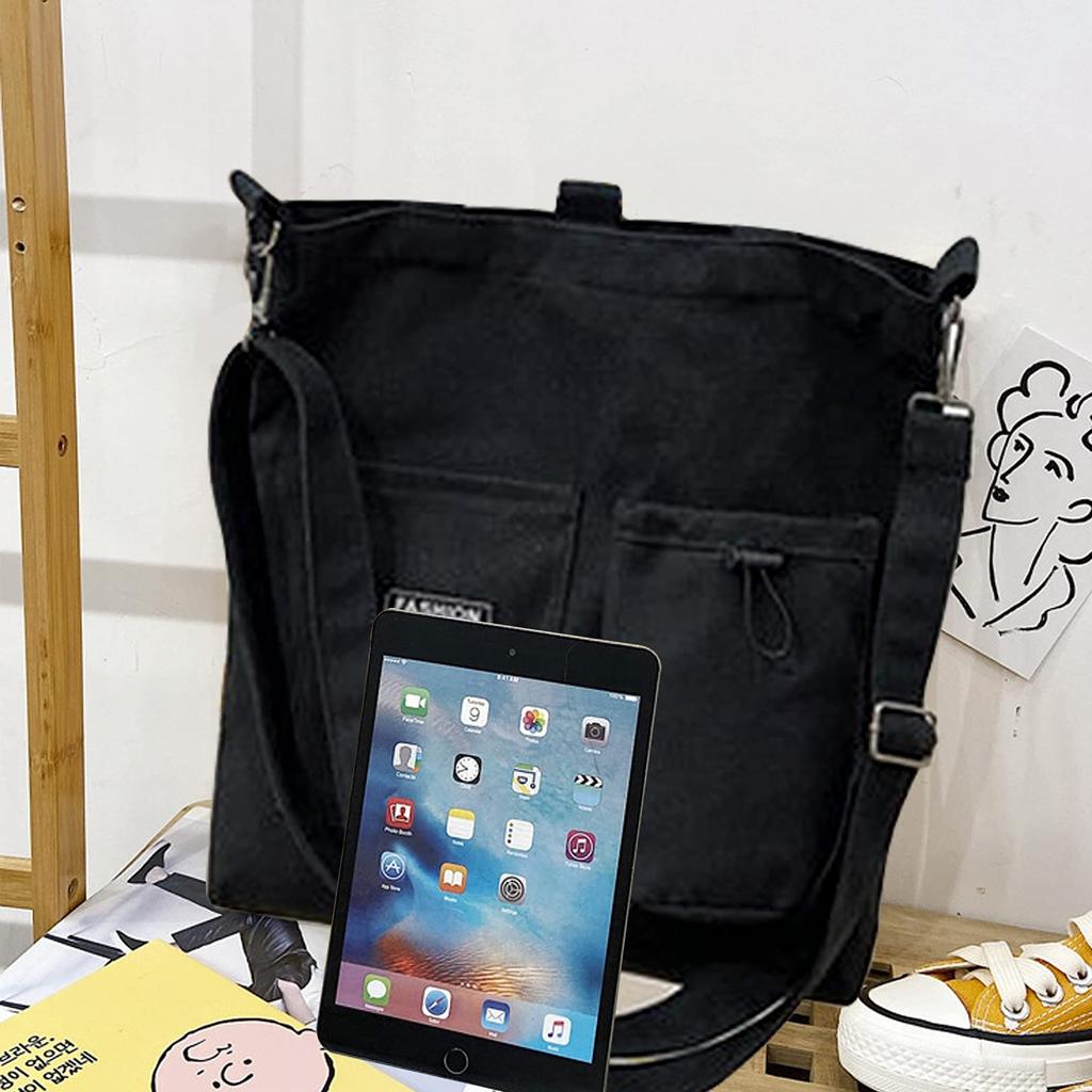 Enkrio Canvas Tote Bag, Shopping Bag, Shoulder Bag, Carry Bag, Handbag, Pocket, Foldable, A4 Size, Multi-Storage, Canvas, for Men and Women,