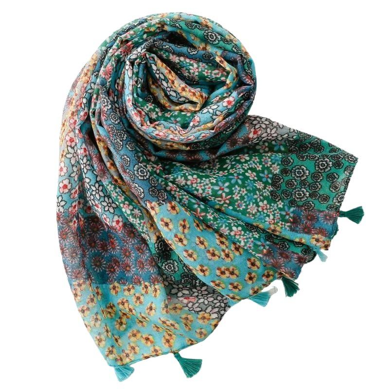 Silk Scarf Fresh Bohemian Exotic Ethnic Style Secret Garden Contrast Color Block Fringe Shawl