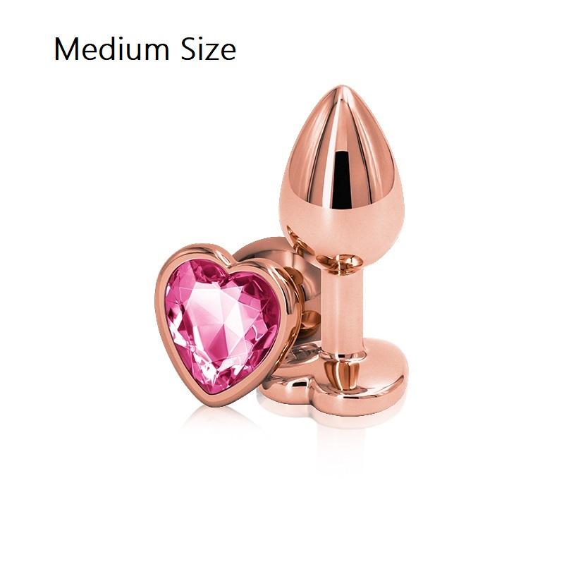 Rainbow Rose Gold Pink Small Medium Size Set Heart Shape Crystal Metal Anal Beads Butt Plug Jewelry Sex Toy for Female Male