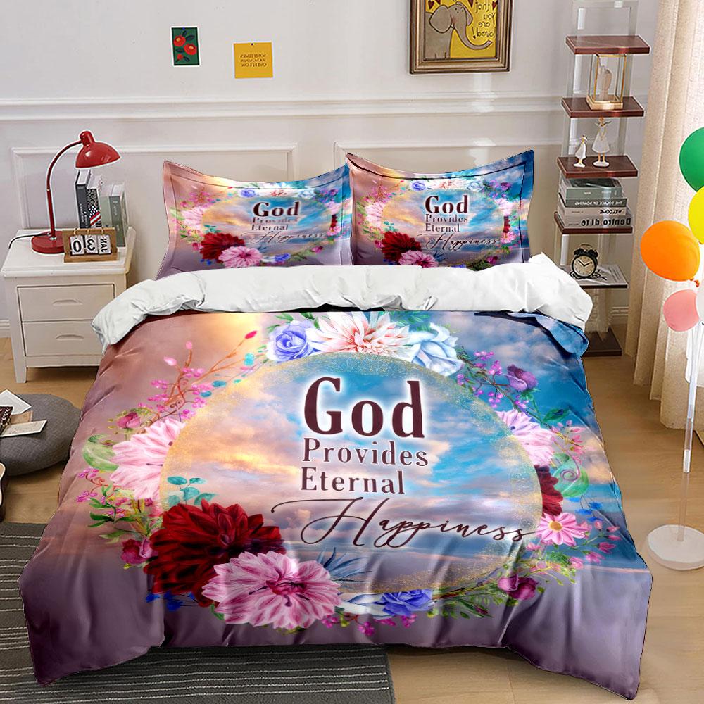 Floral Themed Religious Inspirational Set Kid'S And Adults' Bedroom Decor, Exquisite Three-Piece Bedding Set Gift
