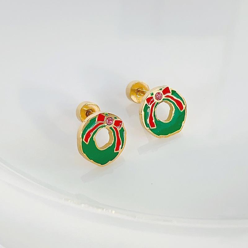 Elegant Green Bow Wreath Spiral Stud Earrings - Compact and Unique Christmas Collection