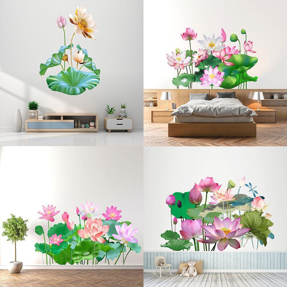

Розовый цветок лотоса, наклейки на стену, зеленые листья для гостиной, водонепроницаемый ТВ-фон, настенные художественные наклейки, украшение дома 2pcsx30*90cm зелёный