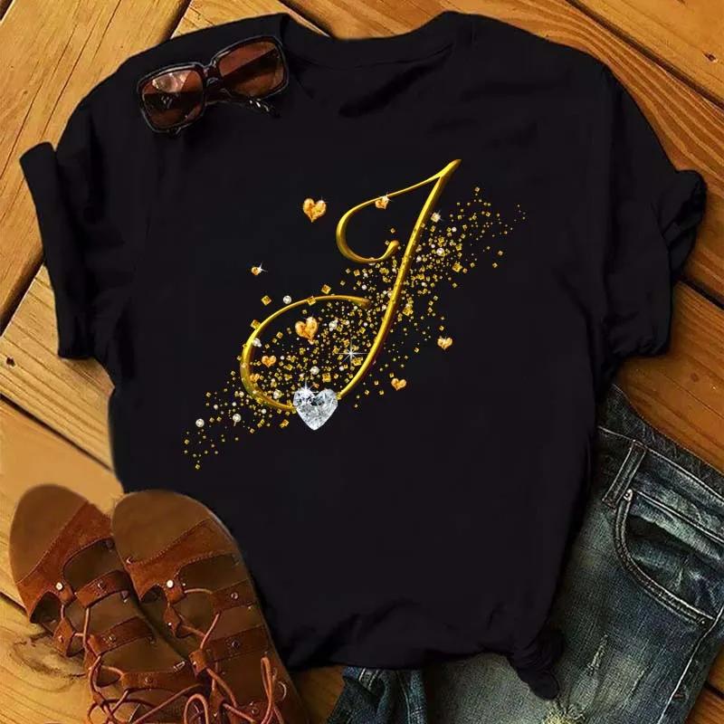 Custom Name Letter Combination Fashion Women T-shirt Diamond Gold Letter Font Short Sleeve Tops Black T-shirt