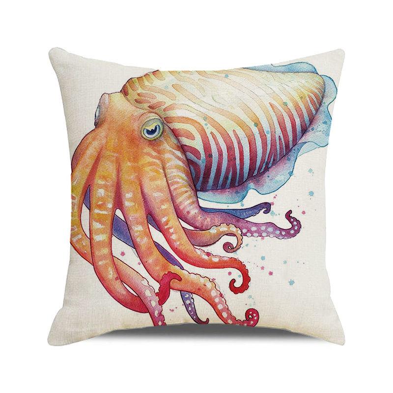Watercolor Illustration of Octopus Squid Digital Printing Short Plush Pillow Covers for Car Sofa Office Cushion Cover Home Goods
