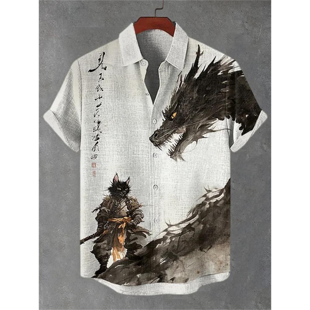 Herren Kurzarmhemd mit Samurai-Katzen-Showdown-Print, Lässiges Hemd mit Kragen, Trendiges Design, Lockerer Schnitt, Einzigartiger Stil, Schnelle Lieferung