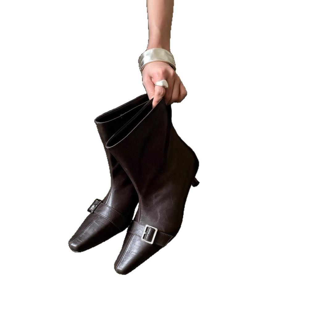 Retro inner heightening short boots women's boots new pointed belt buckle fashion western boots black coffee