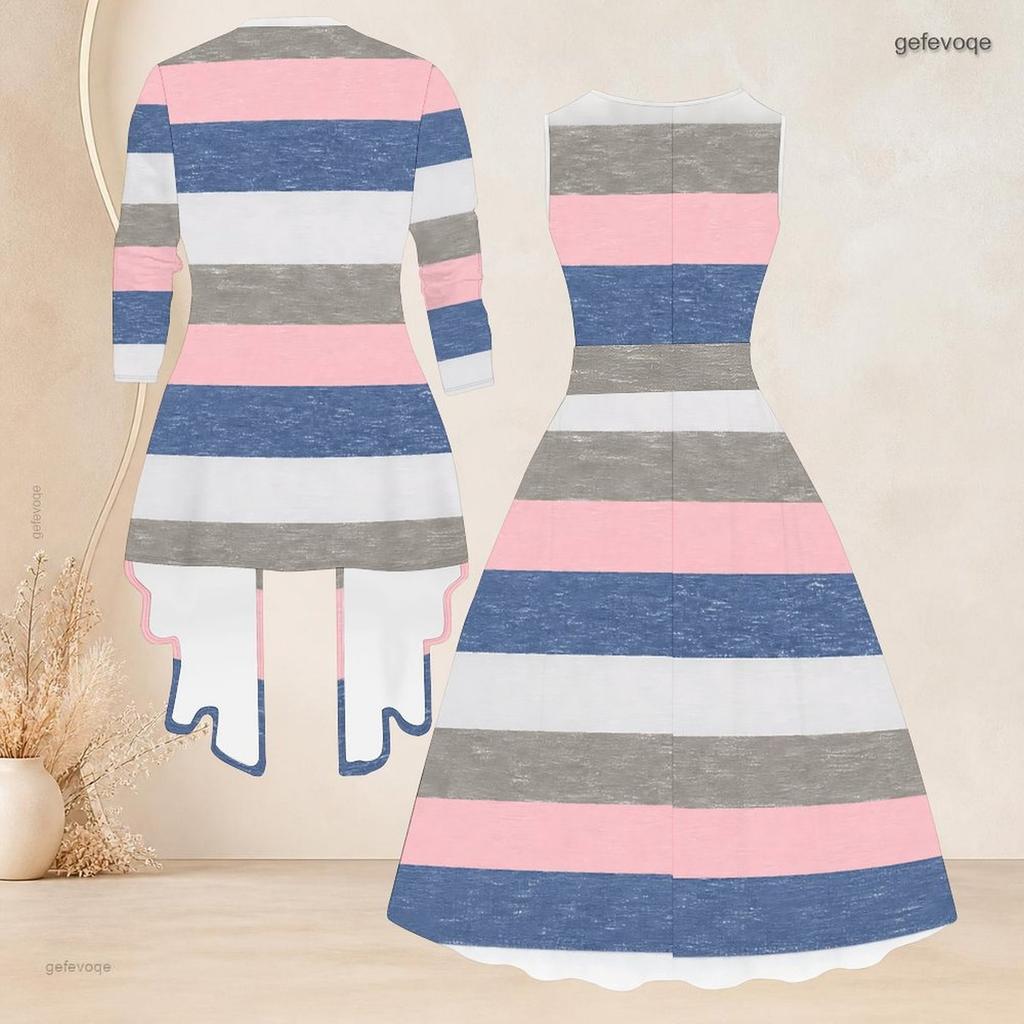 Women Plus Size Two Piece Set Printed Sleeveless Round Neck Tie Waist Flared Dress And Three Quarter Sleeve Cardigan