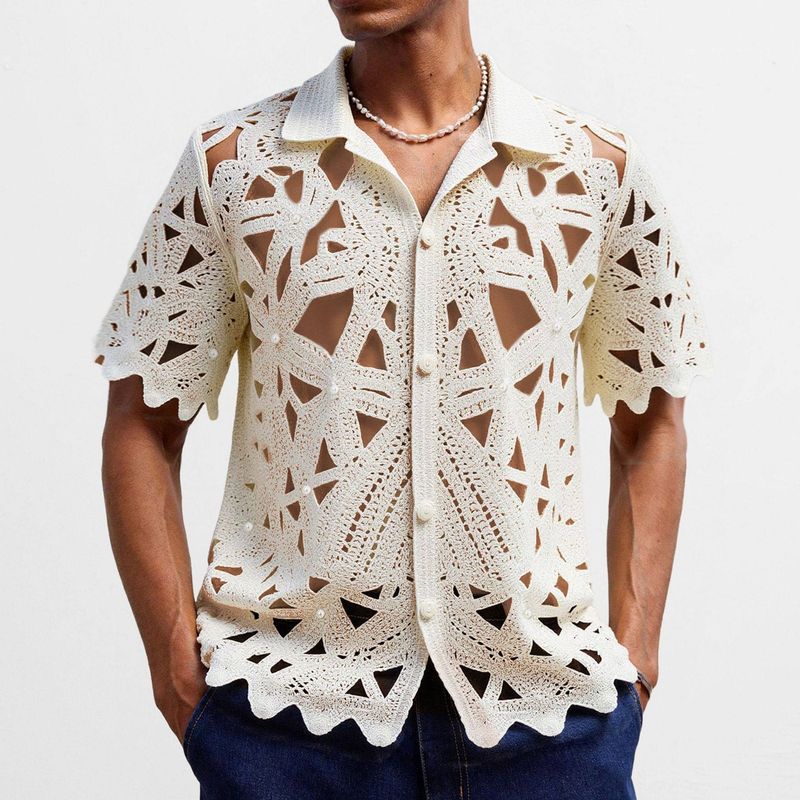 

Cross-Border Men s Clothing, New Summer Style Hand-Crocheted Hollow Short-Sleeved Knitwear, Casual Vacation Versatile Polo Shirt Sy0210 Apricot color 3XL