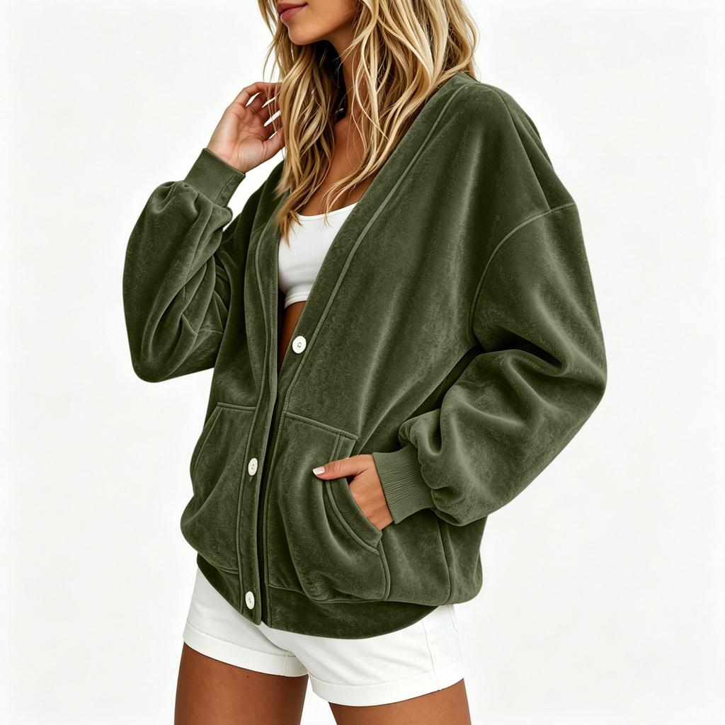 Women's Casual V Neck Button Down Long Sleeve Jacket Loose Fit Lightweight Soft Fabric Outerwear