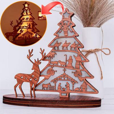 Kids Christmas Gift: 3pcs Luminous Wooden Ornaments - Christmas Tree, Elk & Nativity Scene for Home Party Decoration