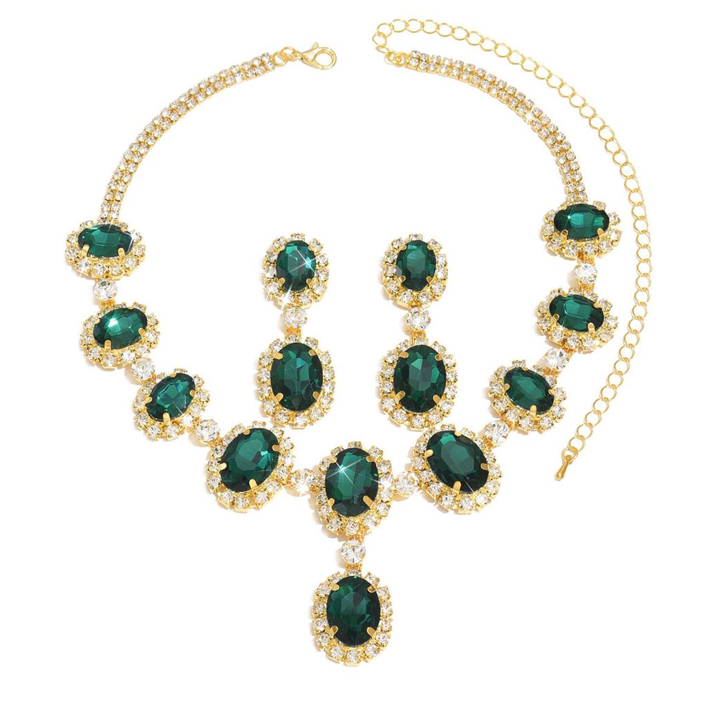 Fashion Colored Diamond Water Drop Shape Super Flash Temperament Set Chain Earrings Necklace Exaggerated Two-Piece Bridal Jewelry