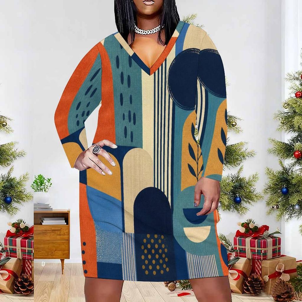 Women Plus Size V Neck Long Sleeve Printed Fitted Straight Midi Dress