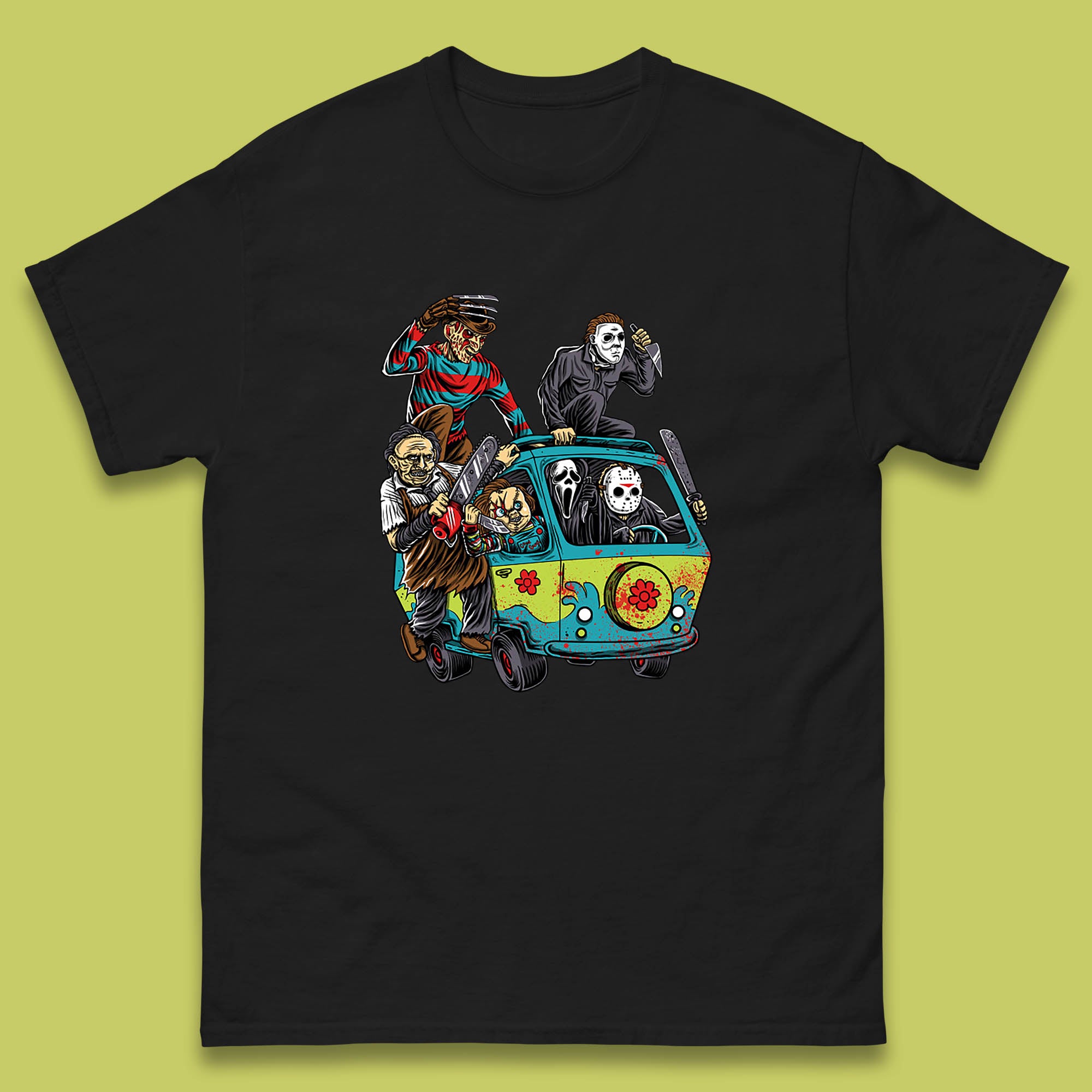 Halloween Scooby Doo Friends Van Horror Movie Villians Characters Mystery Machine Mens Tee Top XL