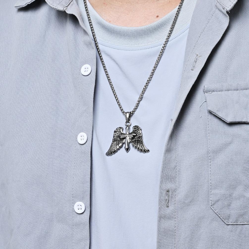 Vintage Archangel Double Wing Cross Necklace for Men Punk Hip Hop Style Stainless Steel