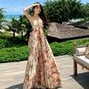 French High-end Light Blue Hollow Neck Dress Sexy Pleated Vacation Dress Beach Beautiful Beach Dress