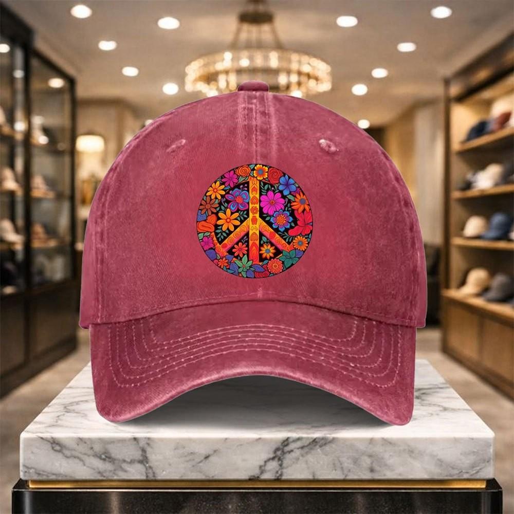 Flower Peace Sign Washed Baseball Cap Adjustable Cotton Distressed Street Style Hat for Unisex One Size красный