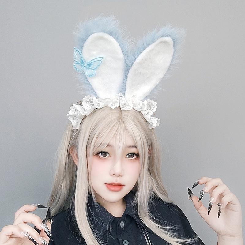 Lolita Lace Bow Bunny Ear Headband Anime Convention Animal Ear Hairband Cute Plush Bunny Ears KC Headwear Cosplay Accessories