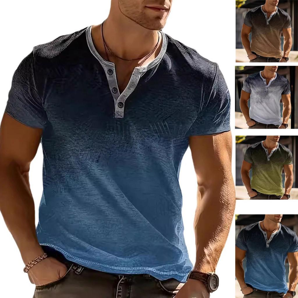 Summer New European and American Men's Daily Casual Stripe Gradient Henry Neck Short Sleeve Henry Shirt Plus Size