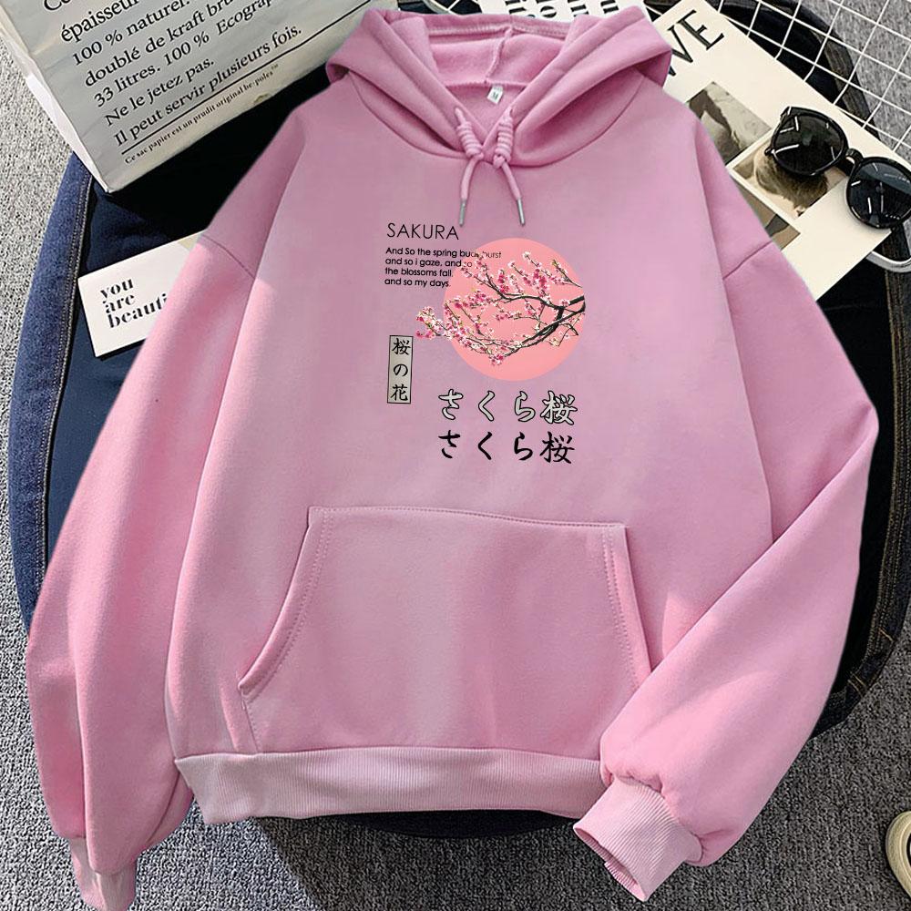 Japanese Blossom Sakura Graphic Hoodies Female Long Sleeve Hooded Pullovers Winter Cartoon Printing Sweatshirts