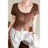 Women's Single Row of Buttons T-shirt Short-sleeved Summer New Threaded Cotton High-waisted Short Tops