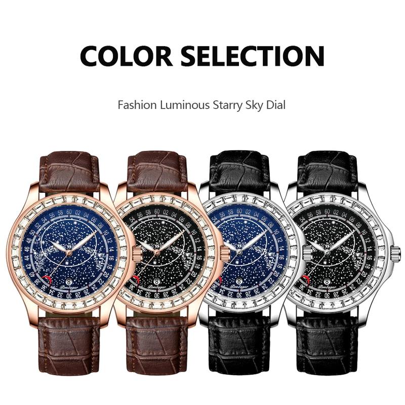 POEDAGAR Men's Fashion Leather Quartz Watches Starry Sky Diamond Style Waterproof Luminous Luxury Sport Blue Wristwatch