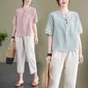 Stylish Plus Size Cotton Linen Embroidered Workwear Set for Middle-Aged & Elderly Women - Summer Two-Piece Outfit