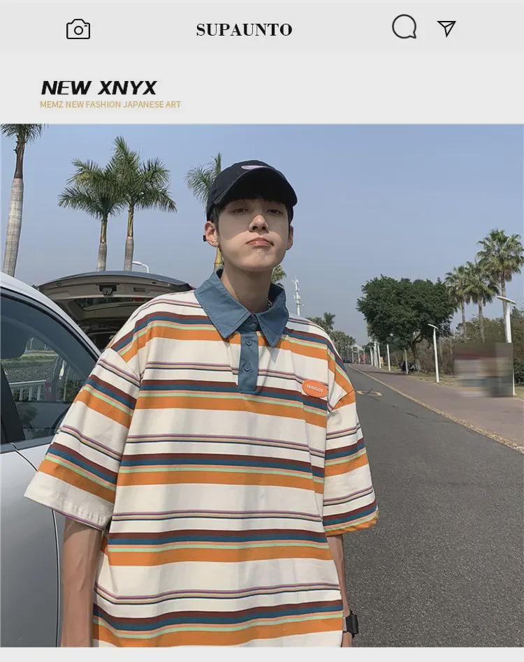 Męska koszulka polo w paski Harajuku - Modna, luźny krój, casualowy styl hip-hopowy