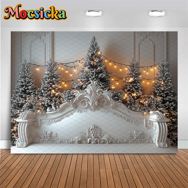 Mocsicka Christmas Tree Backdrop Photography Winter Snow White Palace Bed Photo Background Indoor Wooden Wall Lamp Decors Banner