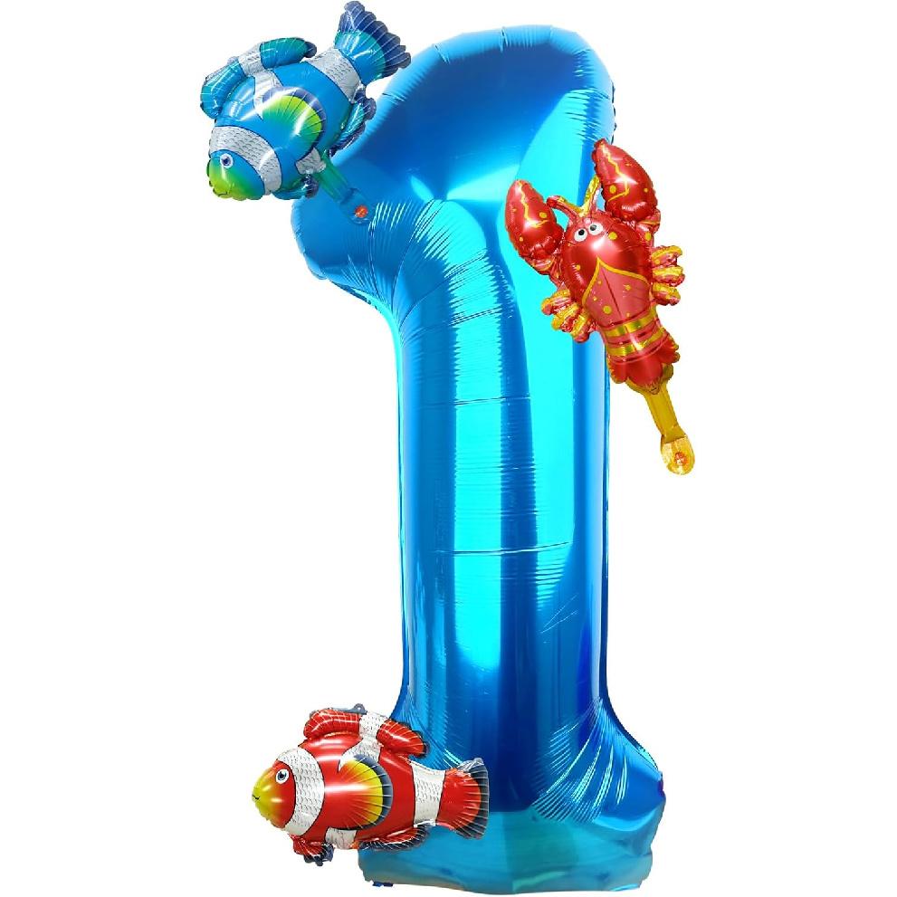 40 Inch Under the Sea Blue Number 1 Balloon, Mini Sea Animal Balloons Ocean Animal Foil Balloon, Fish Crawfish Balloons for Boys Girls Ocean Theme