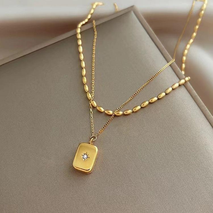 

ANENJERY 316L Stainless Steel Double Layer Square Bearded Star Pendant Necklace for Women Simple Temperament Jewelry Accessory