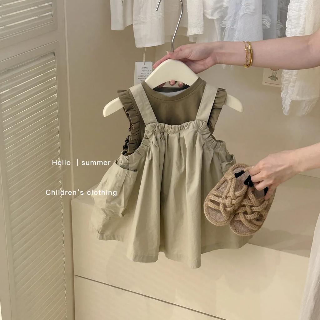 Girl's Summer Thin Leisure Suit Middle and Small Children Round Neck Pullover T-shirt + Work Back Dress Casual Two-piece Set