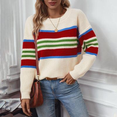 Rainbow Striped Pullover Women's Cross-border Sweater for Autumn and Winternew  Fashion Casual Round Neck Sweaters